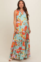 Light Blue Floral Sleeveless Ruffle Tiered Maternity Maxi Dress