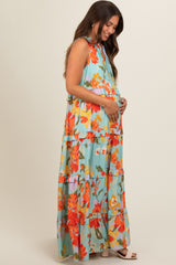 Light Blue Floral Sleeveless Ruffle Tiered Maternity Maxi Dress