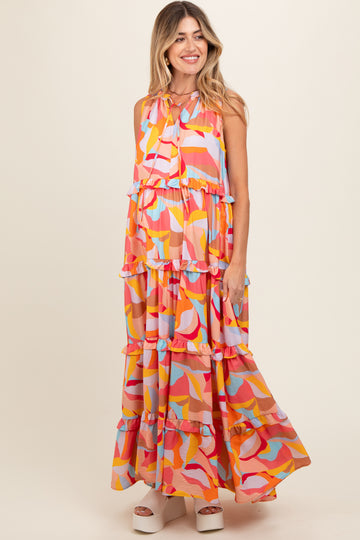 Orange Abstract Ruffle Tiered Maternity Maxi Dress