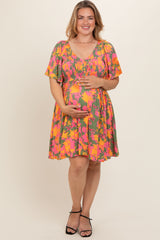 Olive Leaf Print Smocked V-Neck Maternity Plus Dress