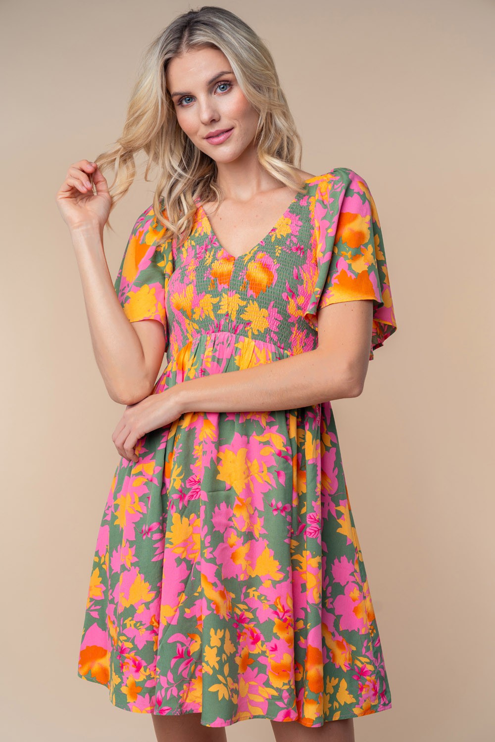 Olive Leaf Print Smocked V-Neck Dress PinkBlush Olive Leaf Print Smocked V-Neck Dress PinkBlush