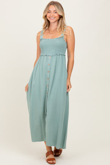 Light Olive Button Down Smocked Dress