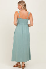 Light Olive Button Down Smocked Dress