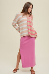 Pink Ribbed Knit Side Slit Maternity Midi Dress