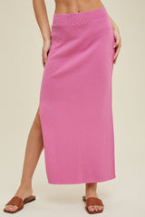 Pink Ribbed Knit Side Slit Midi Dress