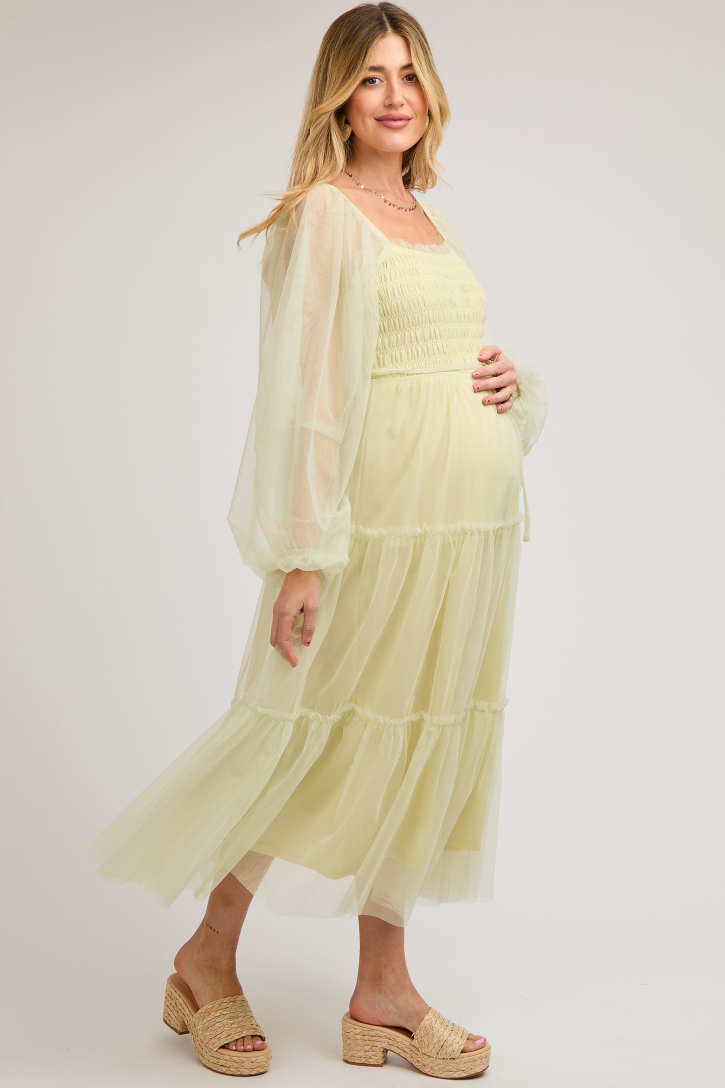 Light Olive Mesh Tiered Long Sleeve Maternity Maxi Dress
