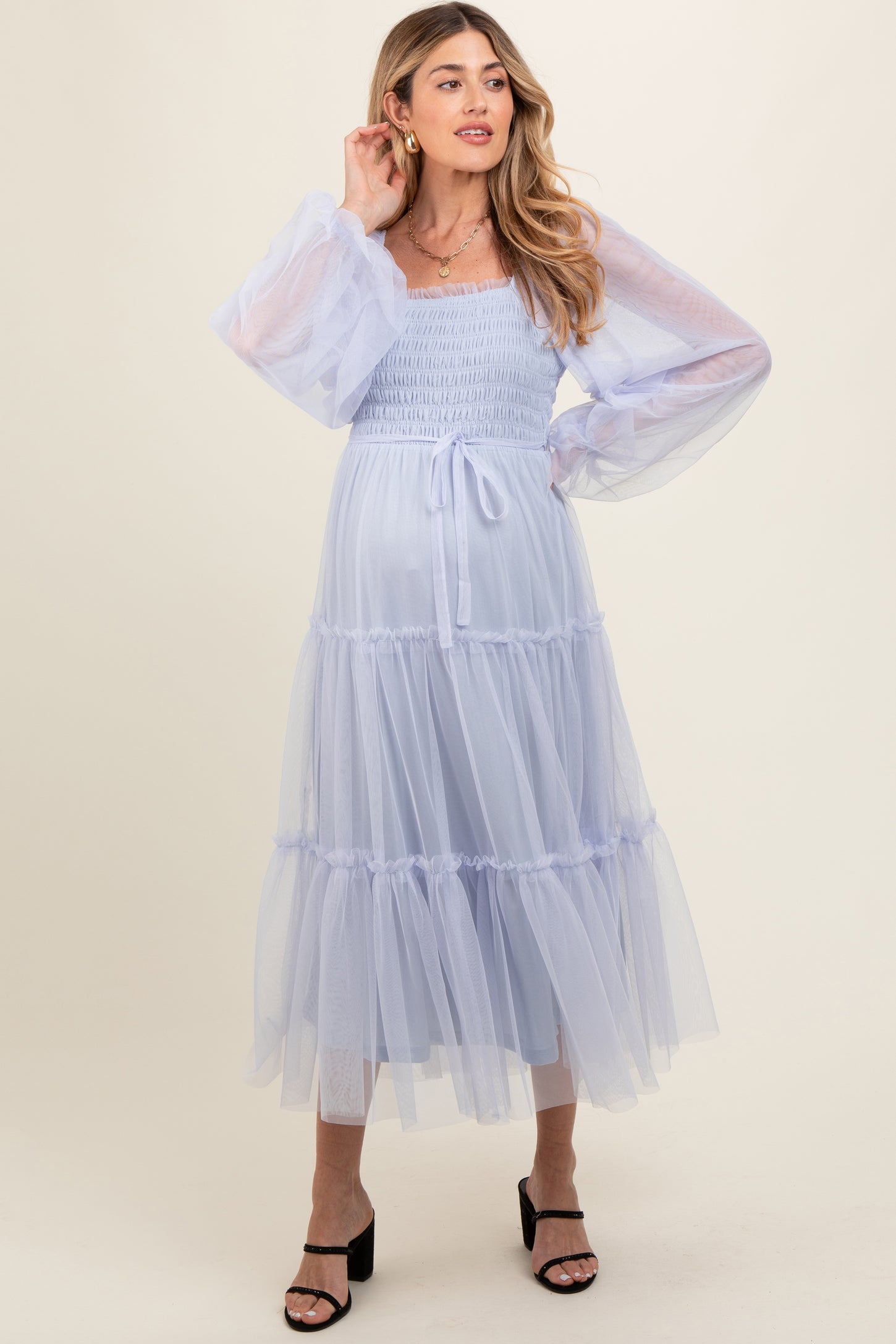 Light Blue Mesh Tiered Long Sleeve Maternity Maxi Dress – PinkBlush