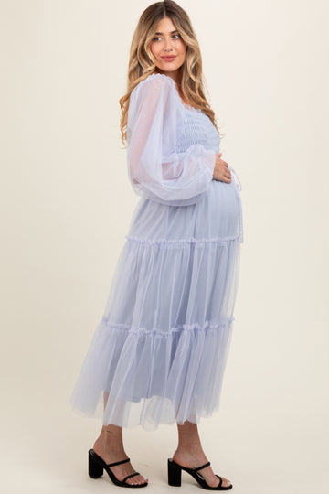 Light Blue Mesh Tiered Long Sleeve Maternity Maxi Dress
