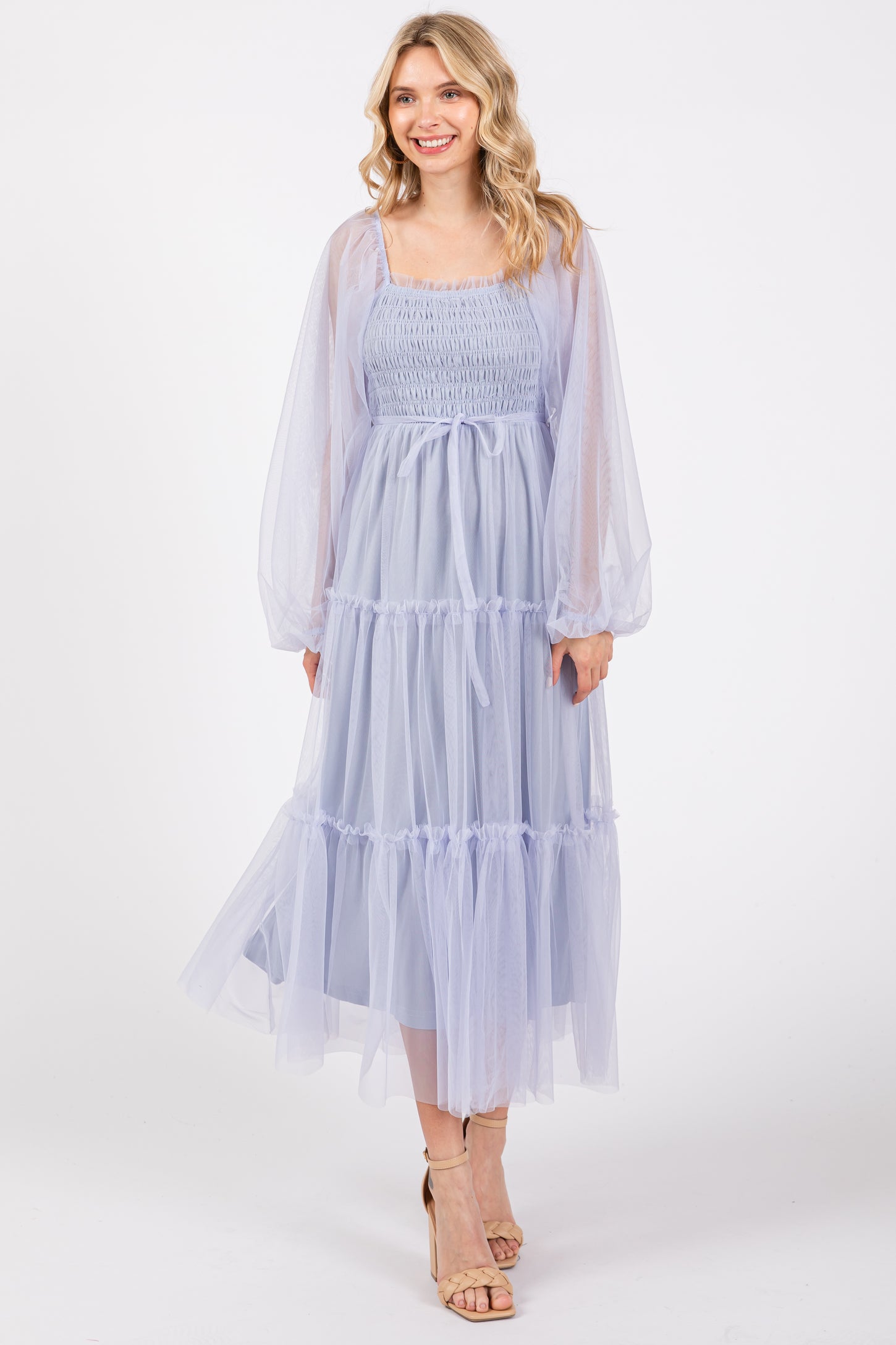 Light Blue Mesh Tiered Long Sleeve Maternity Maxi Dress PinkBlush Light Blue Mesh Tiered Long Sleeve Maternity Maxi Dress PinkBlush