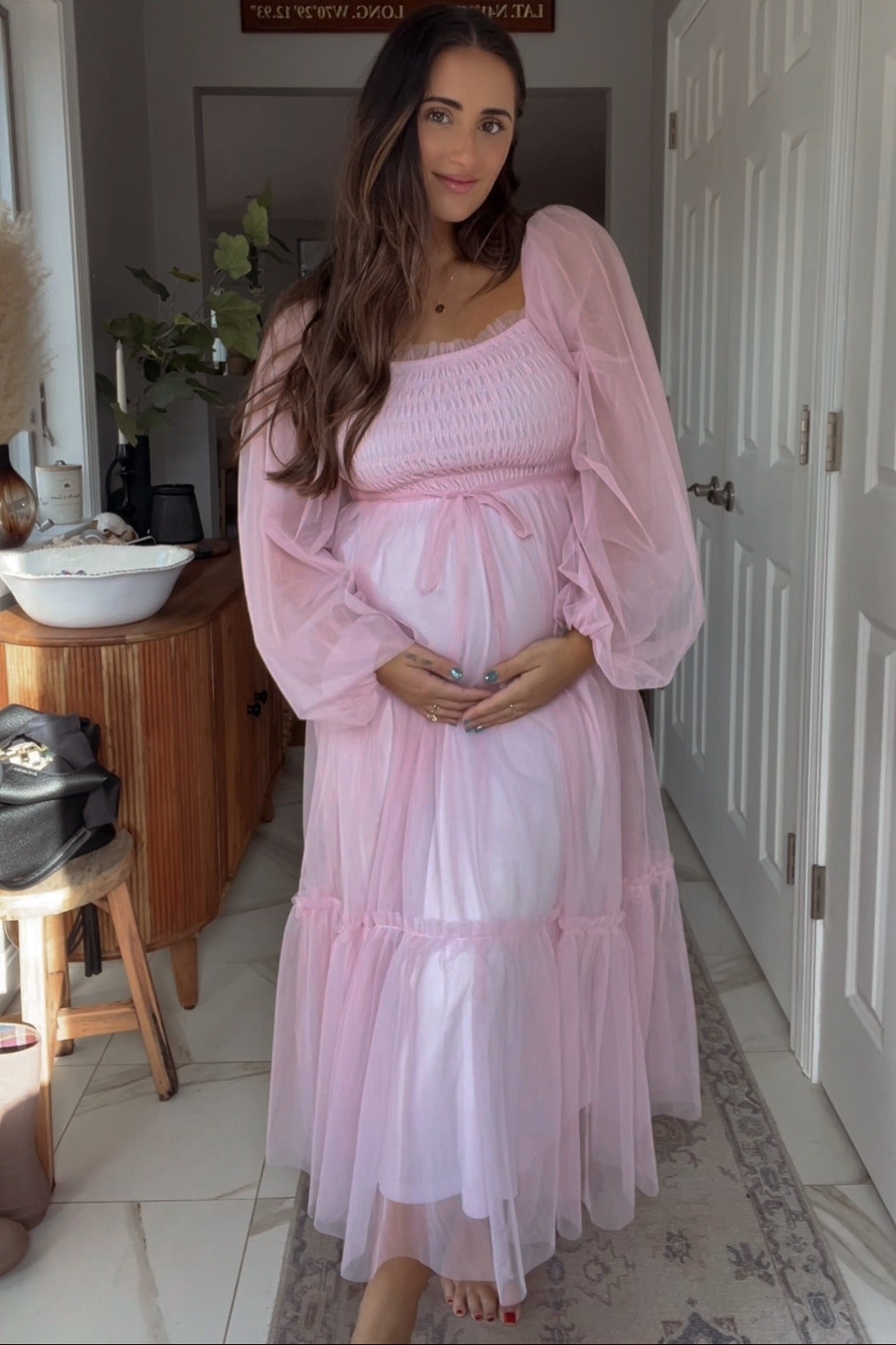 Pink Mesh Tiered Long Sleeve Maternity Maxi Dress Pink Mesh Tiered Long Sleeve Maternity Maxi Dress