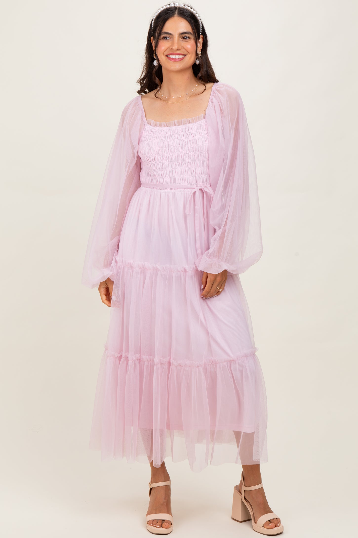 Pink Mesh Tiered Long Sleeve Maternity Maxi Dress Pink Mesh Tiered Long Sleeve Maternity Maxi Dress