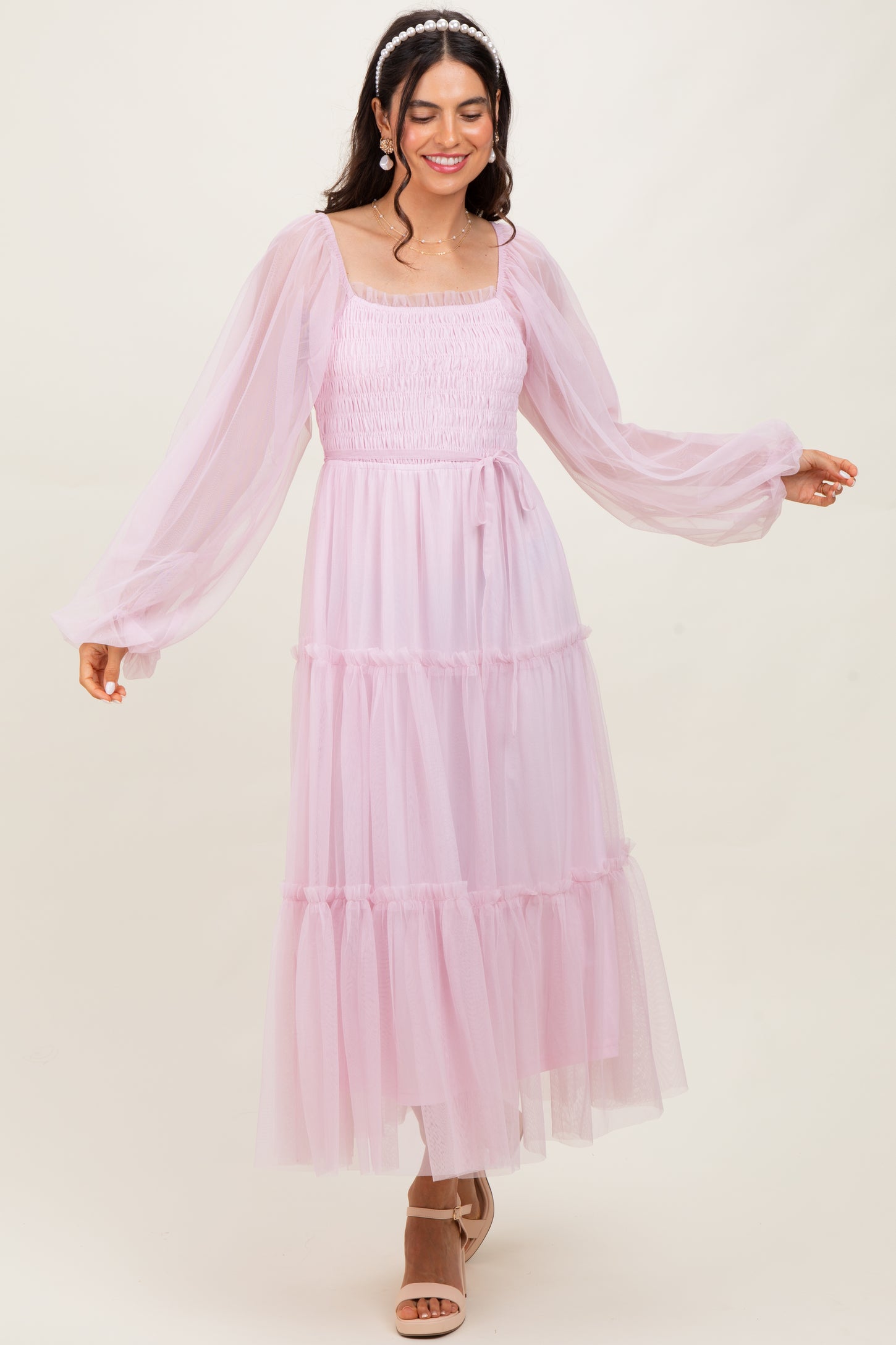 Pink Mesh Tiered Long Sleeve Maxi Dress