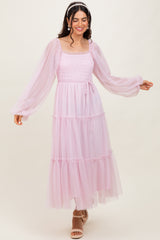 Pink Mesh Tiered Long Sleeve Maxi Dress