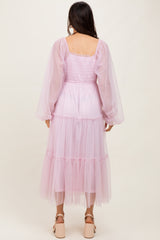 Pink Mesh Tiered Long Sleeve Maxi Dress
