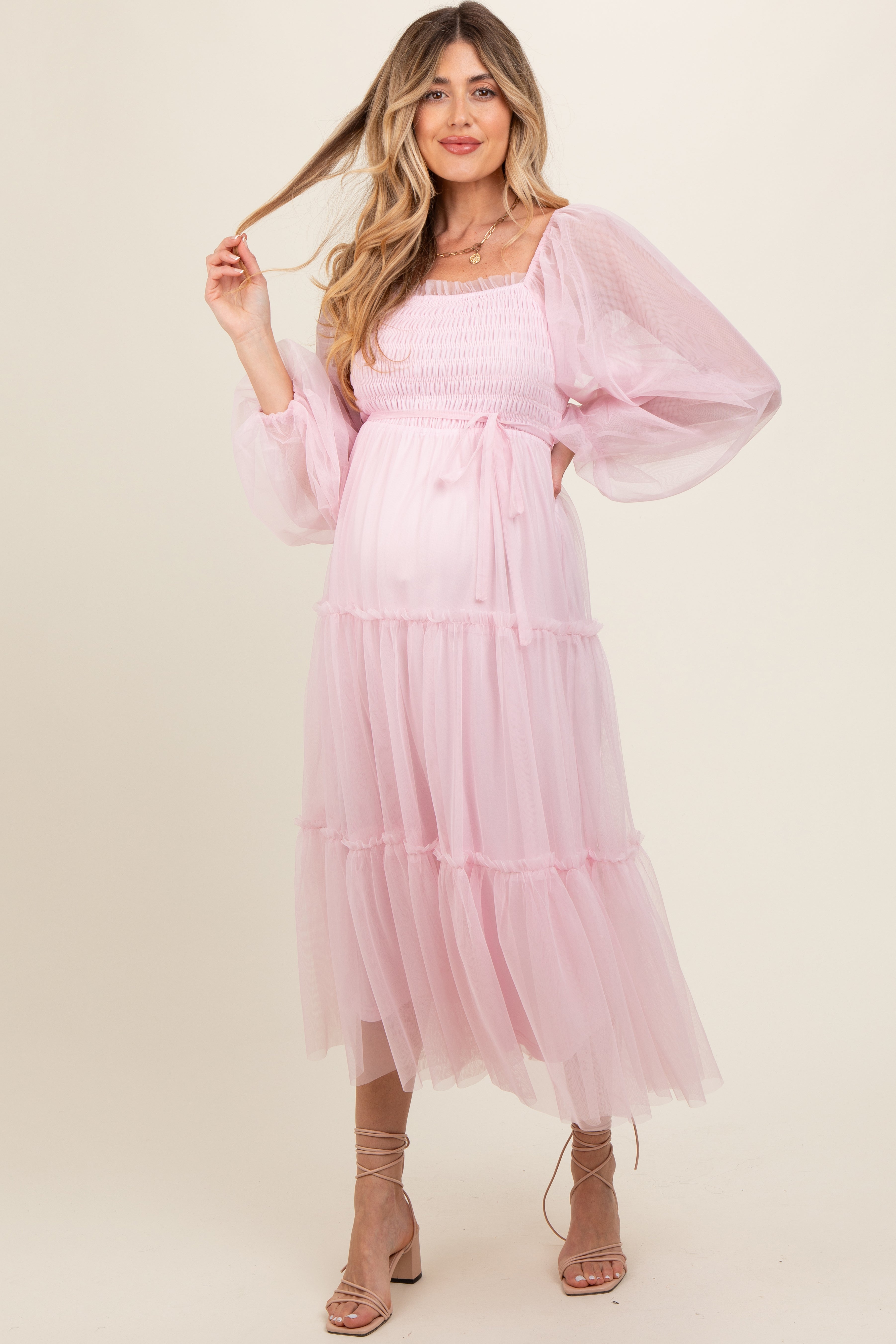 pink blush maternity wedding guest dress V-Neck Long Sleeve Fitted Maxi PinkBlush Leave them speechless in a dress they wont forget Maternity Wedding Guest Dresses I