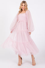 Pink Mesh Tiered Long Sleeve Maxi Dress