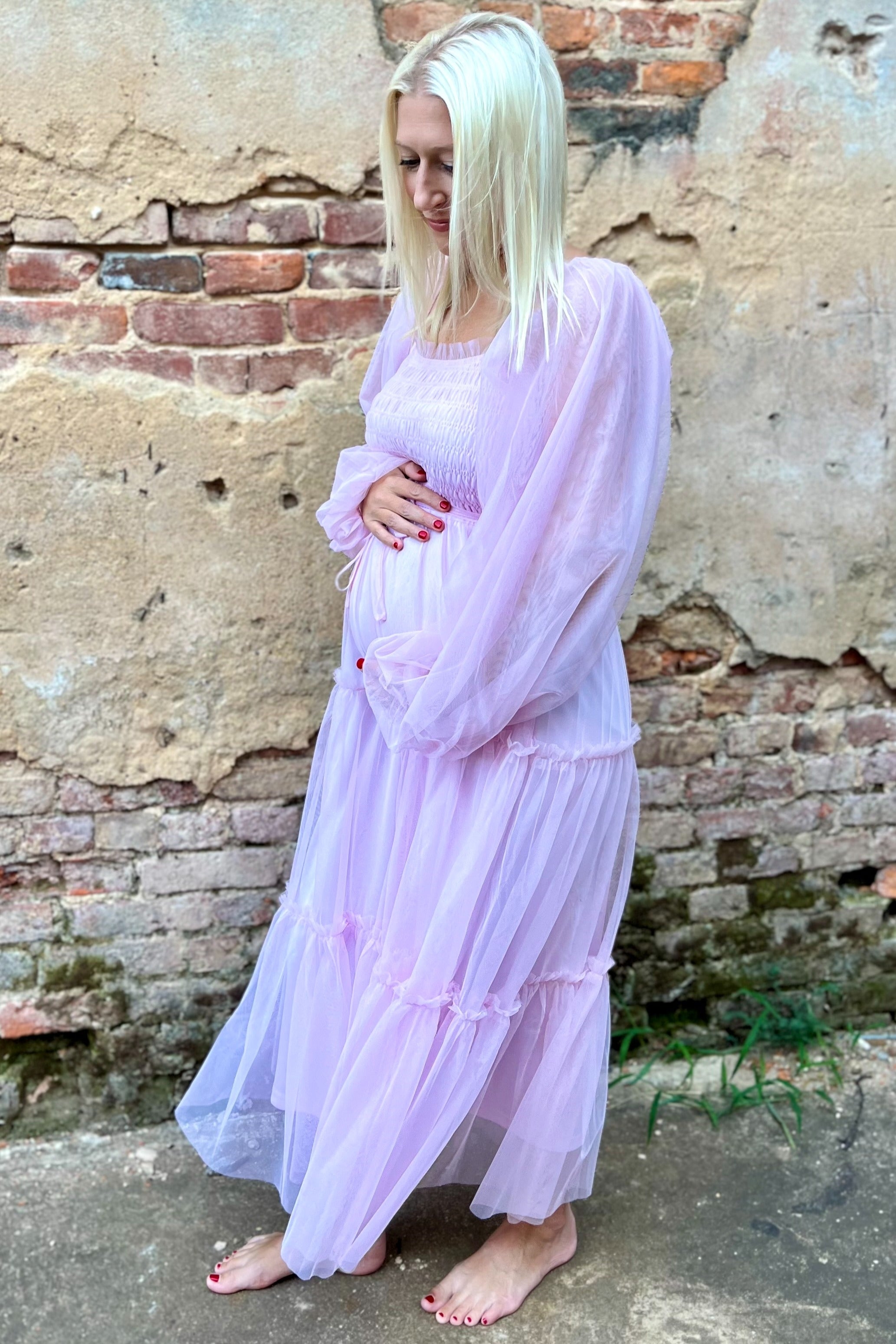pink blush maternity maxi dress Pink Mesh Tiered Long Sleeve Maternity Maxi Dress