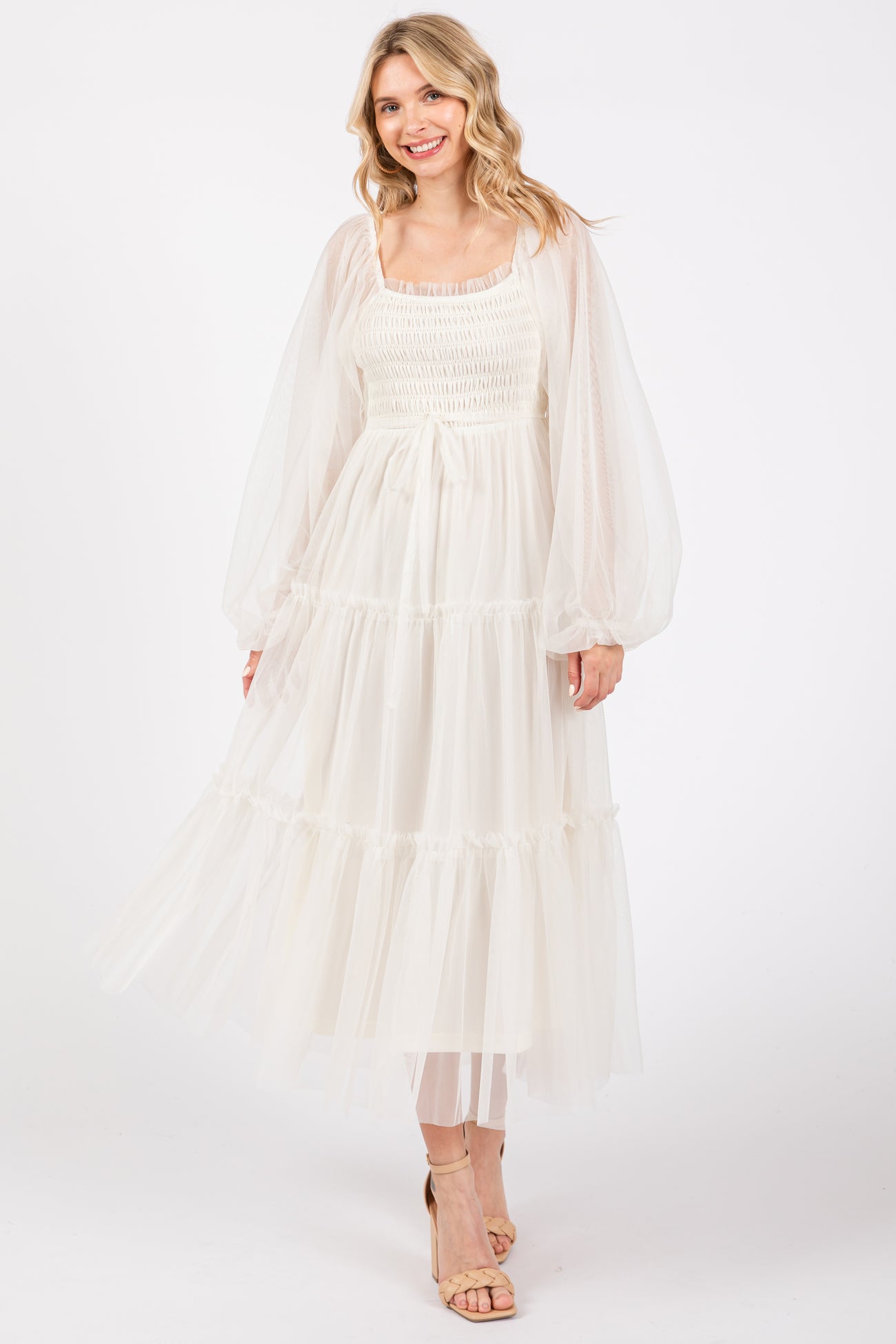 PinkBlush Cream Mesh Tiered Long Sleeve Maternity Maxi Dress Small