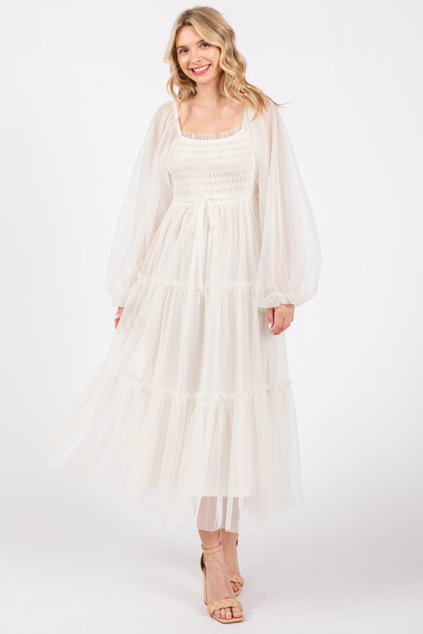 Cream Mesh Tiered Long Sleeve Maternity Maxi Dress Cream Mesh Tiered Long Sleeve Maternity Maxi Dress