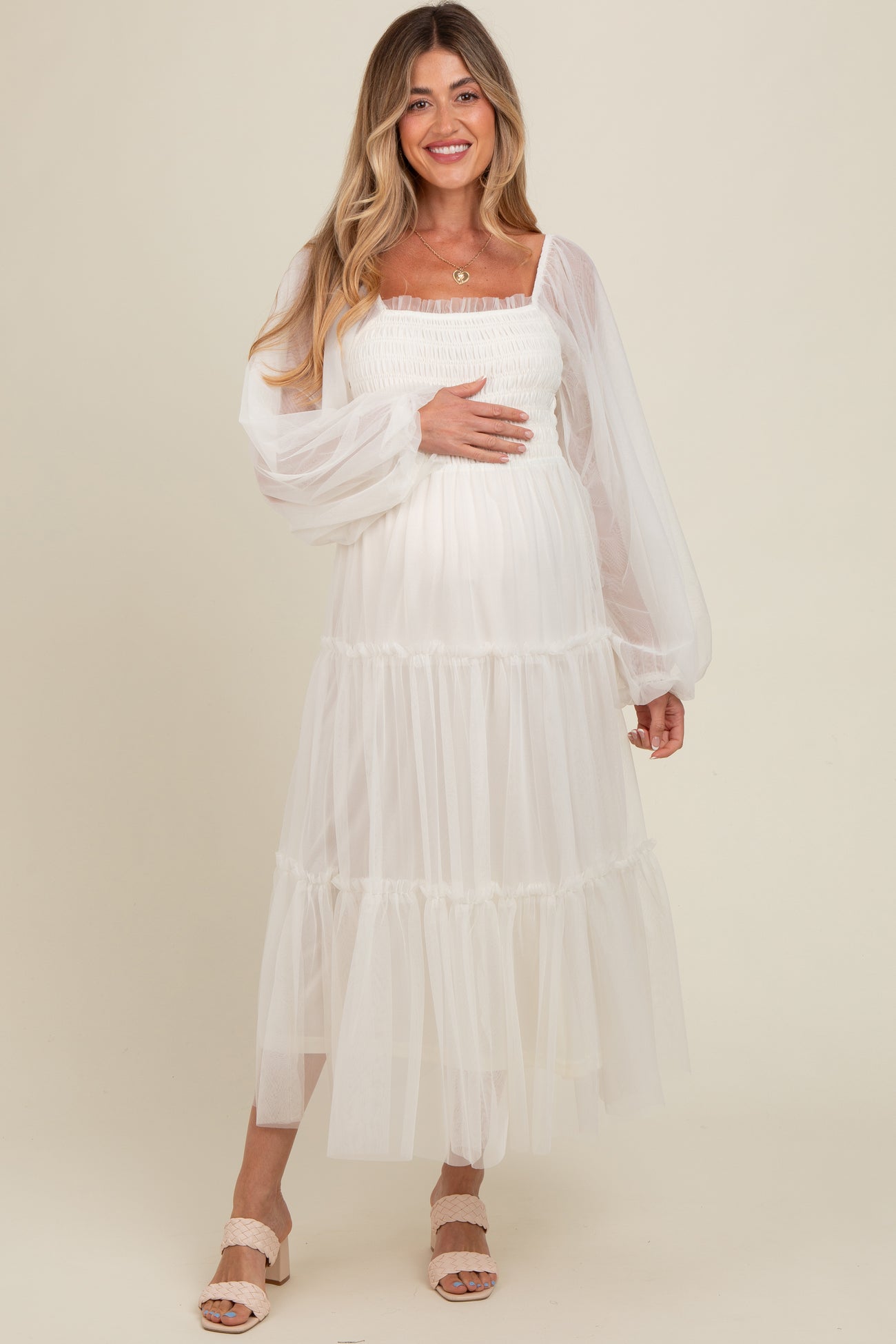 Cream Mesh Tiered Long Sleeve Maternity Maxi Dress PinkBlush Cream Mesh Tiered Long Sleeve Maternity Maxi Dress PinkBlush