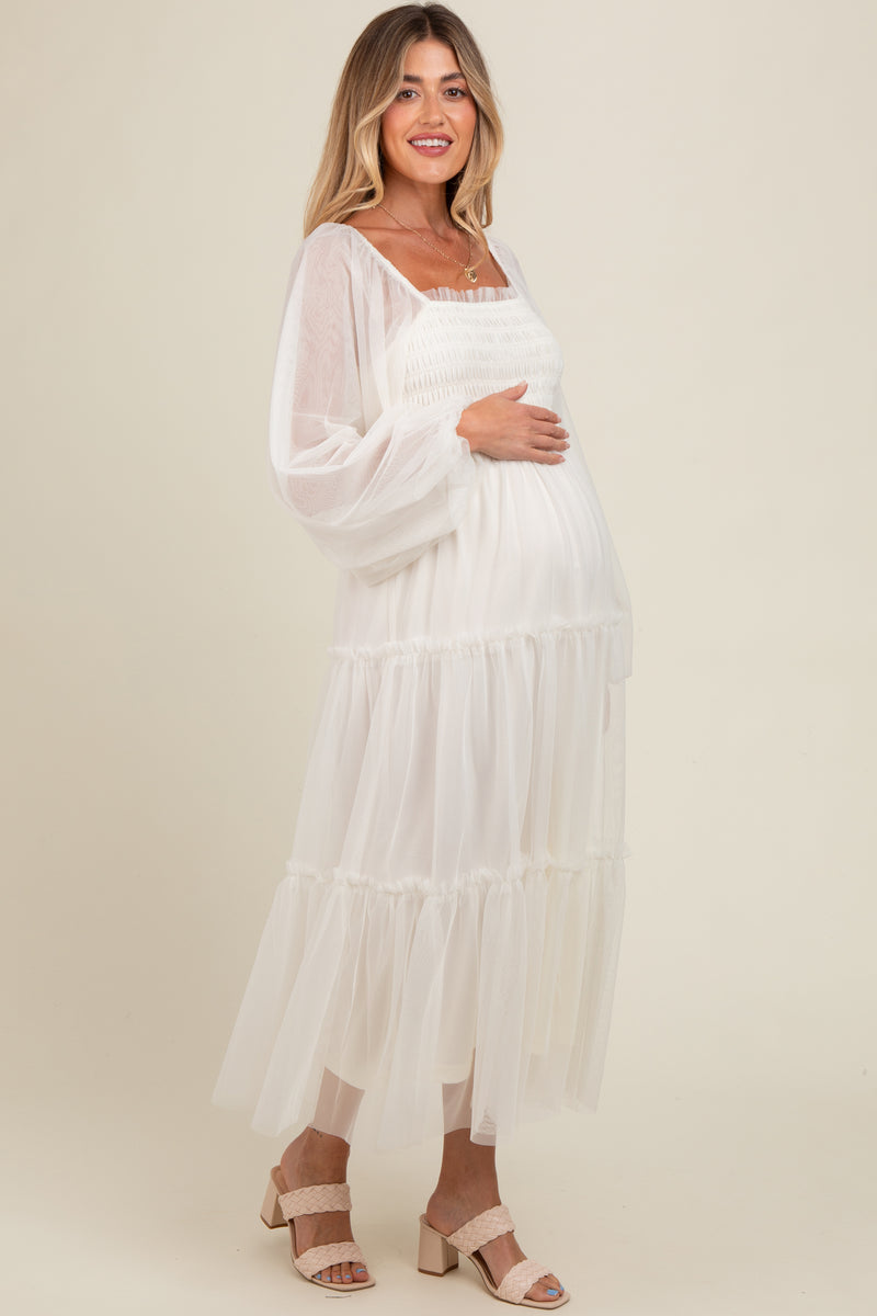 knee length dresses for ladies Harlow Elegant V Neck Ruffles Long Sleeve Maternity Dress for Photosho main image 1