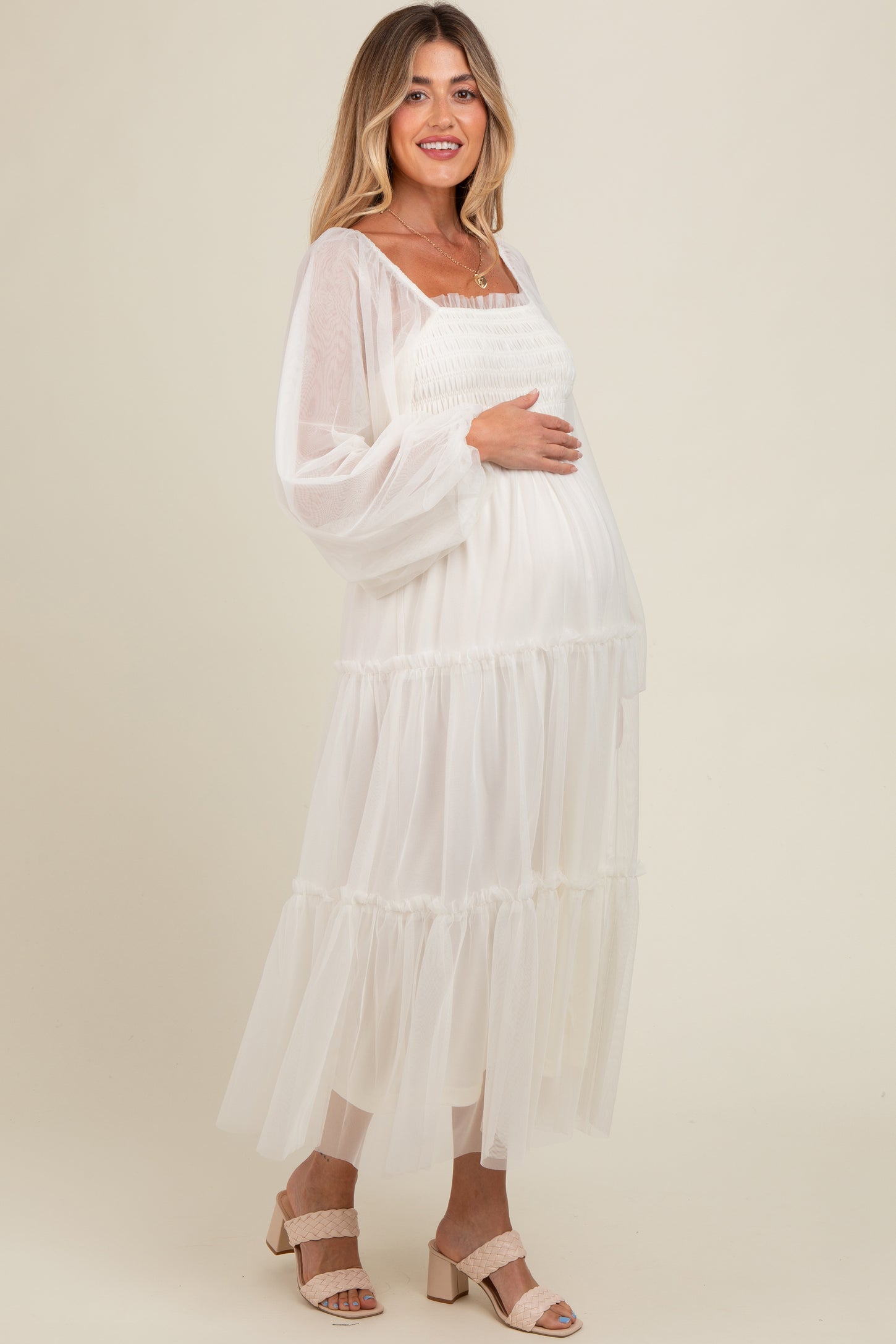 PinkBlush Cream Mesh Tiered Long Sleeve Maternity Maxi Dress Small PinkBlush Cream Mesh Tiered Long Sleeve Maternity Maxi Dress Small