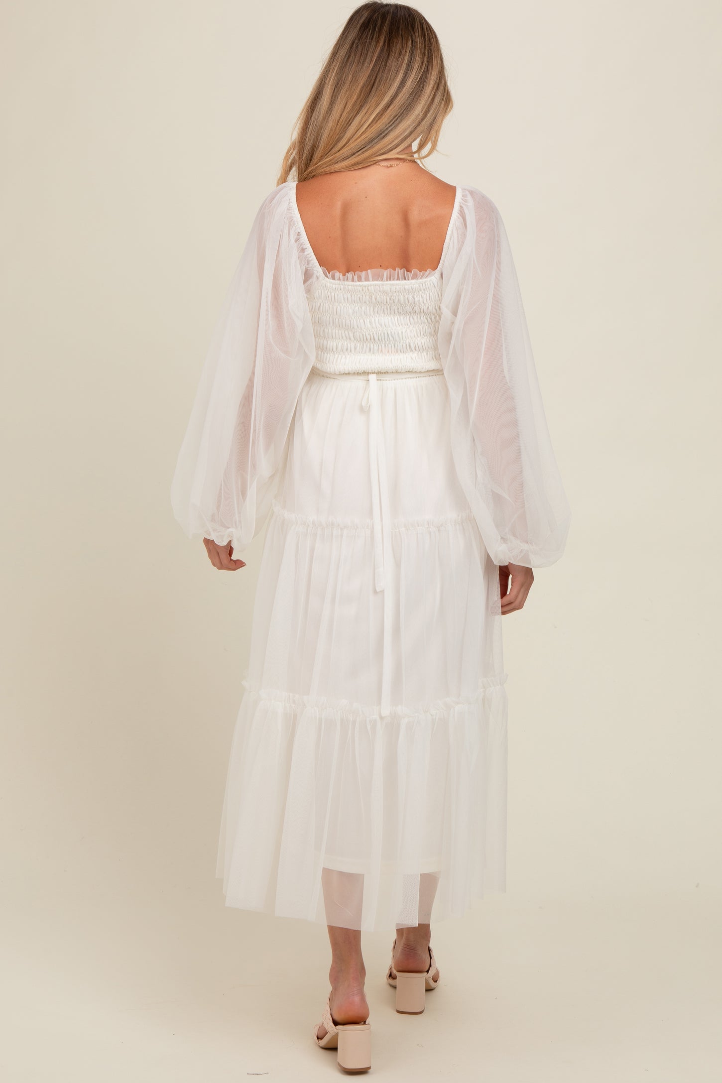 PinkBlush Cream Mesh Tiered Long Sleeve Maternity Maxi Dress Small PinkBlush Cream Mesh Tiered Long Sleeve Maternity Maxi Dress Small