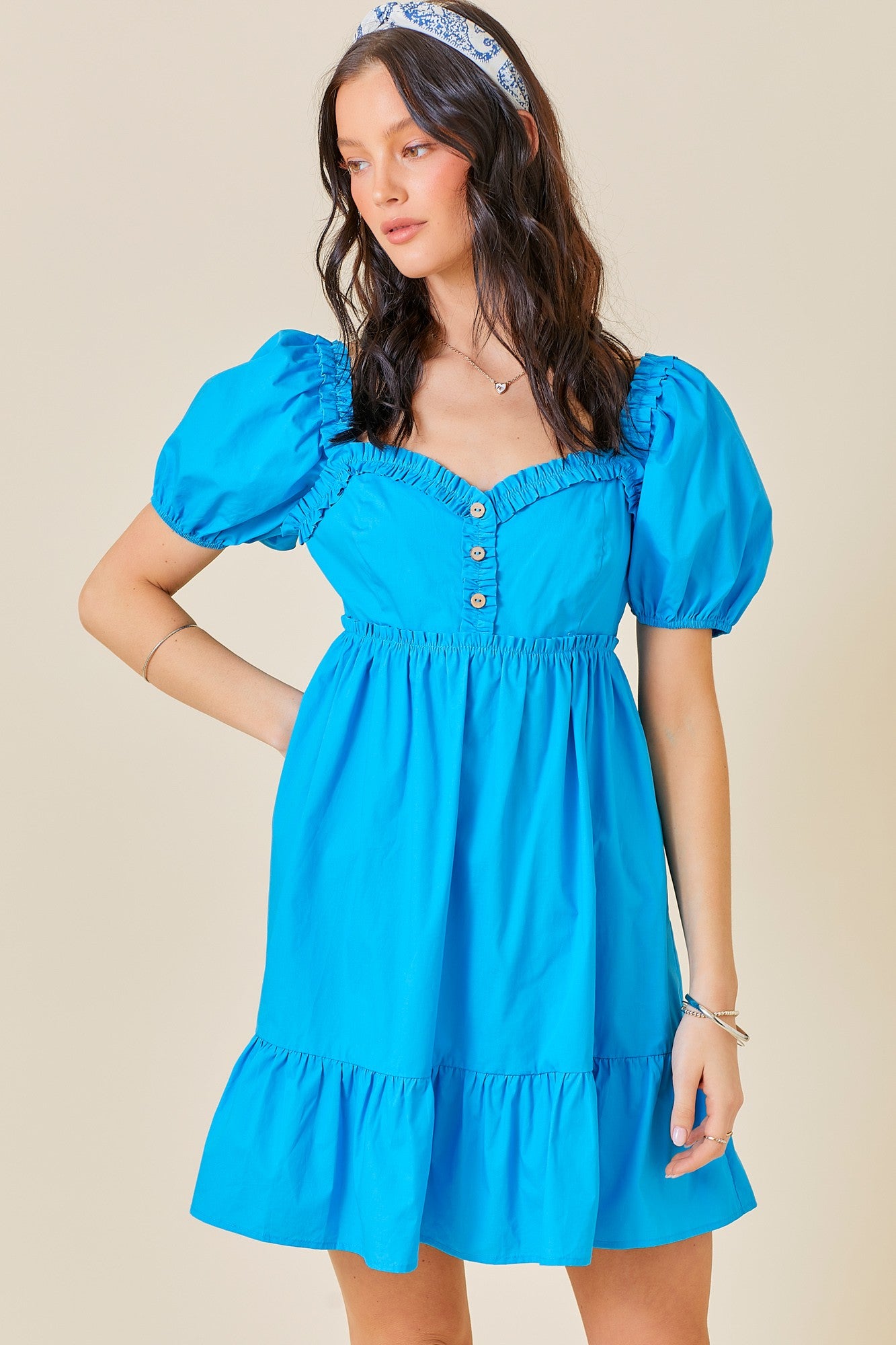 Aqua Puff Sleeve Ruffle Accent Maternity Mini Dress
