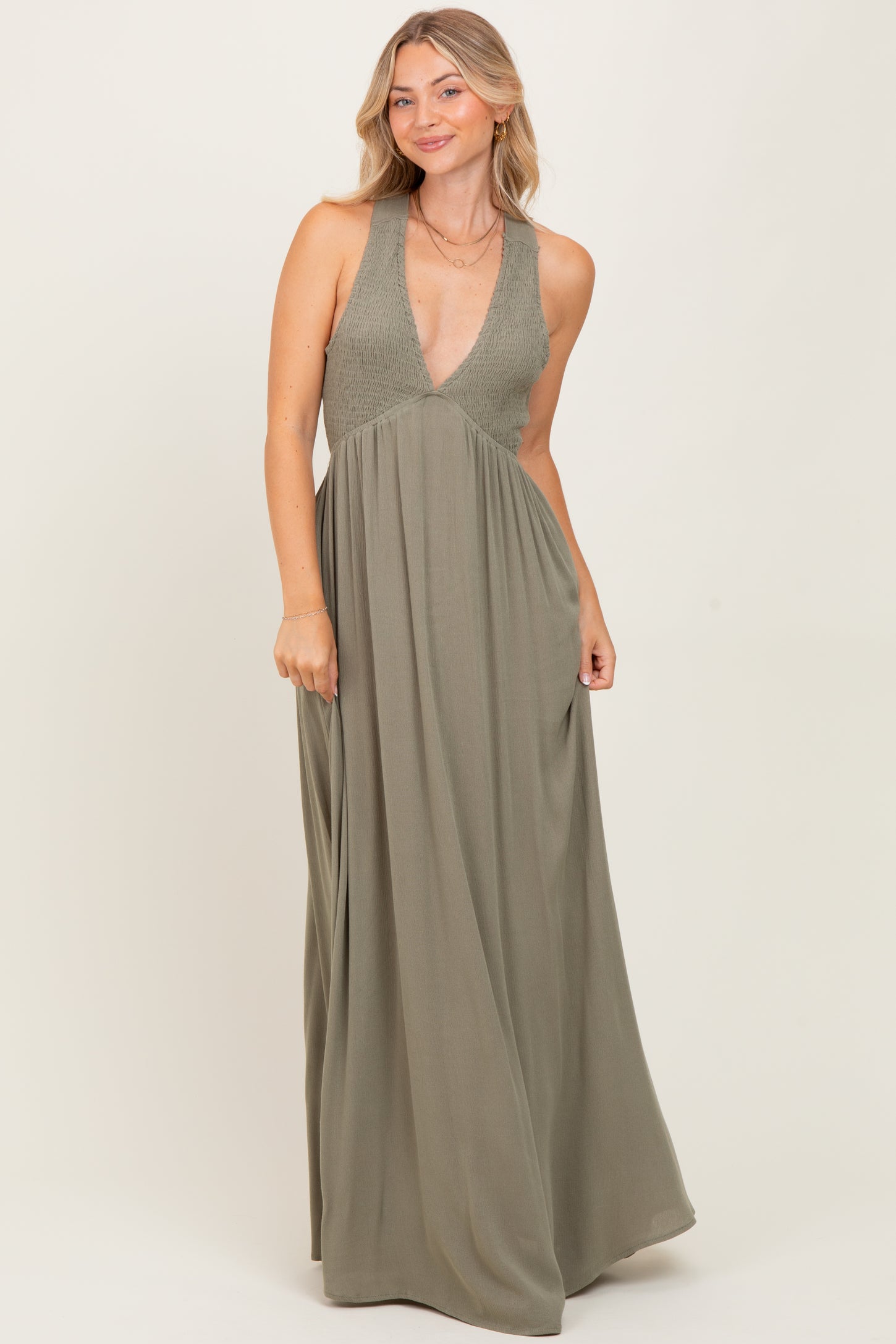 Olive Deep V-Neck Cross Back Maternity Maxi Dress Olive Deep V-Neck Cross Back Maternity Maxi Dress