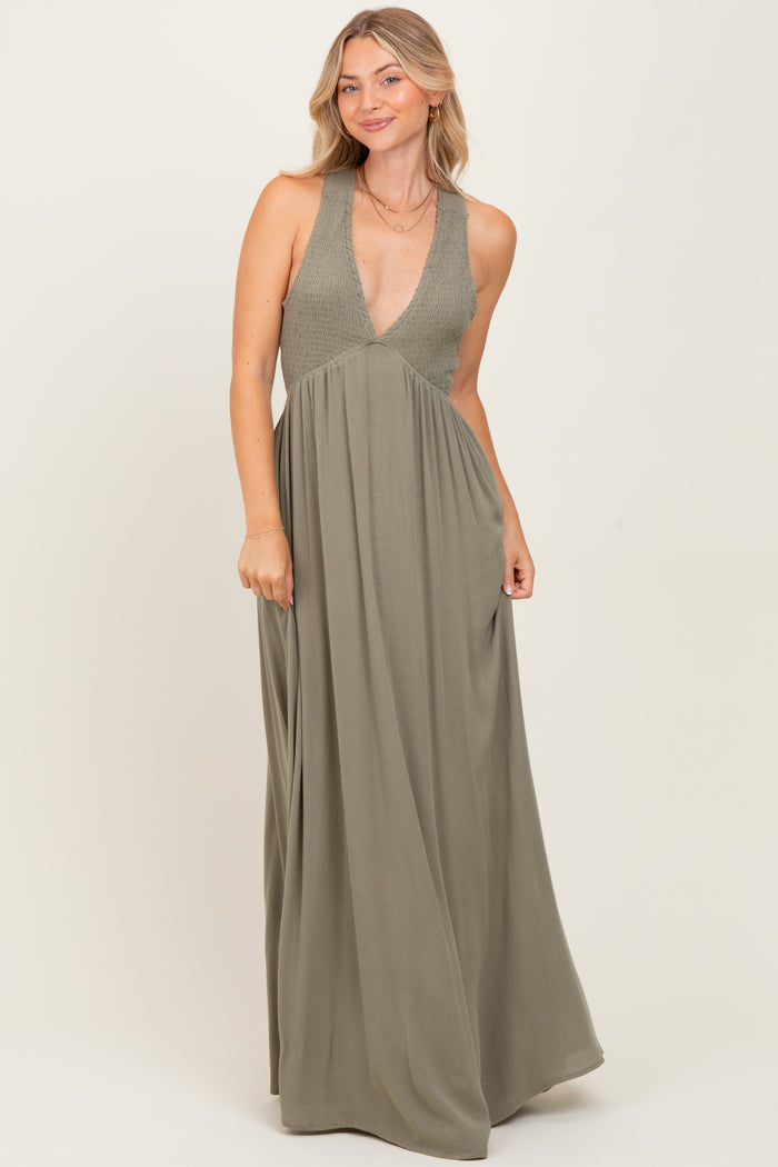 Olive Deep V-Neck Cross Back Maxi Dress