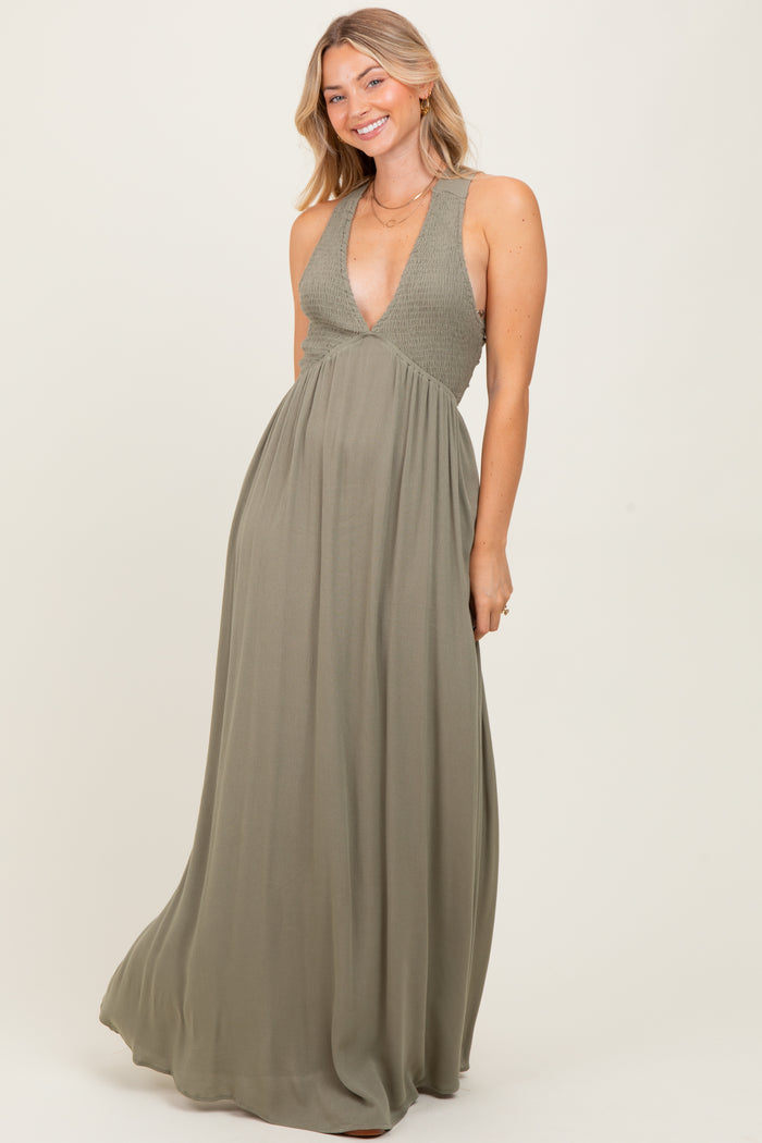 Olive Deep V-Neck Cross Back Maxi Dress