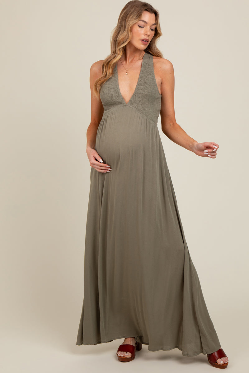maternity mesh pure color deep v neck dress Olive Deep V-Neck Cross Back Maternity Maxi Dress