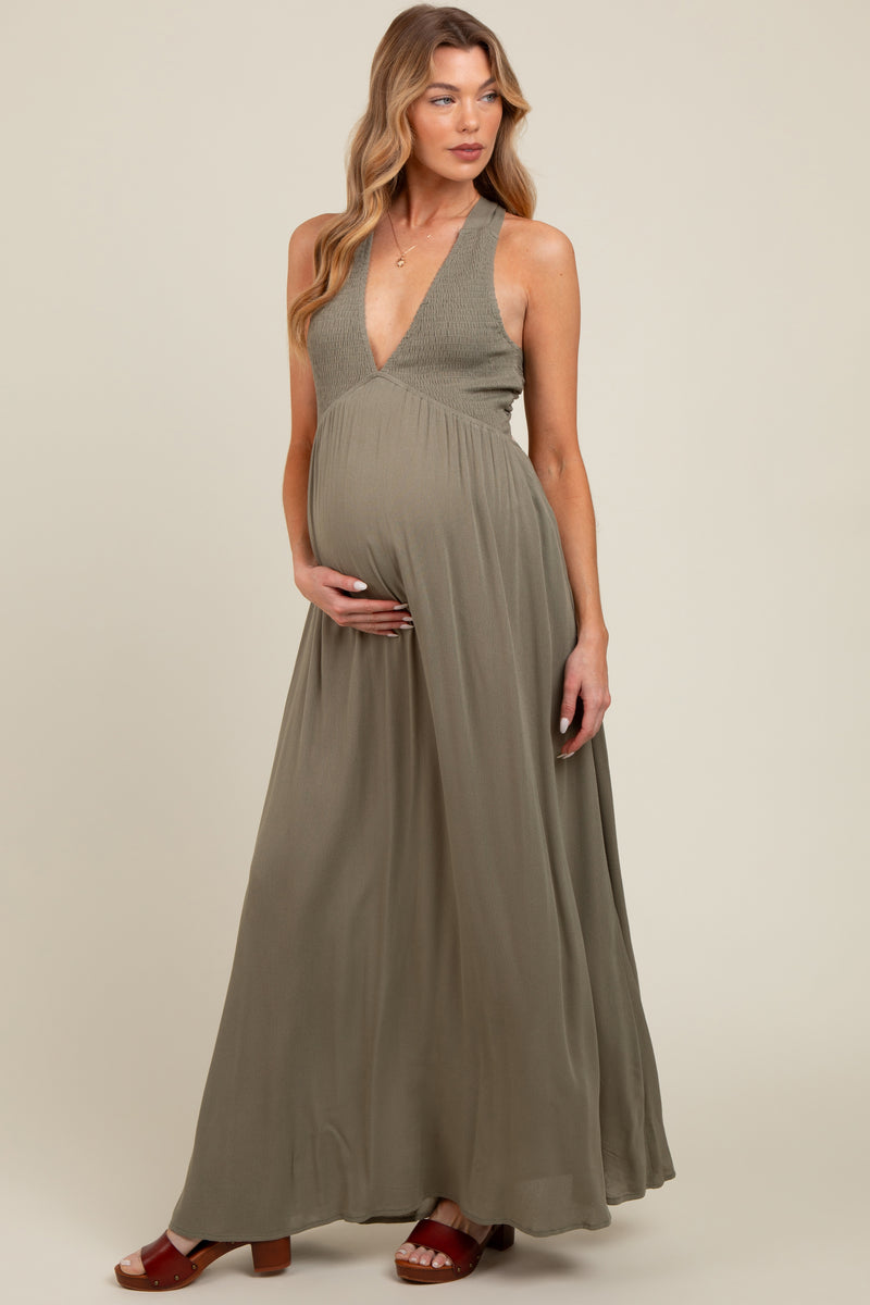 maternity mesh pure color deep v neck dress Olive Deep V-Neck Cross Back Maternity Maxi Dress