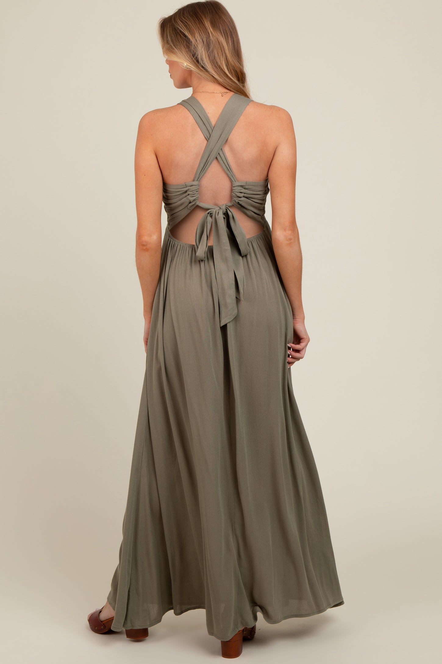 Olive Deep V-Neck Cross Back Maternity Maxi Dress PinkBlush Olive Deep V-Neck Cross Back Maternity Maxi Dress PinkBlush