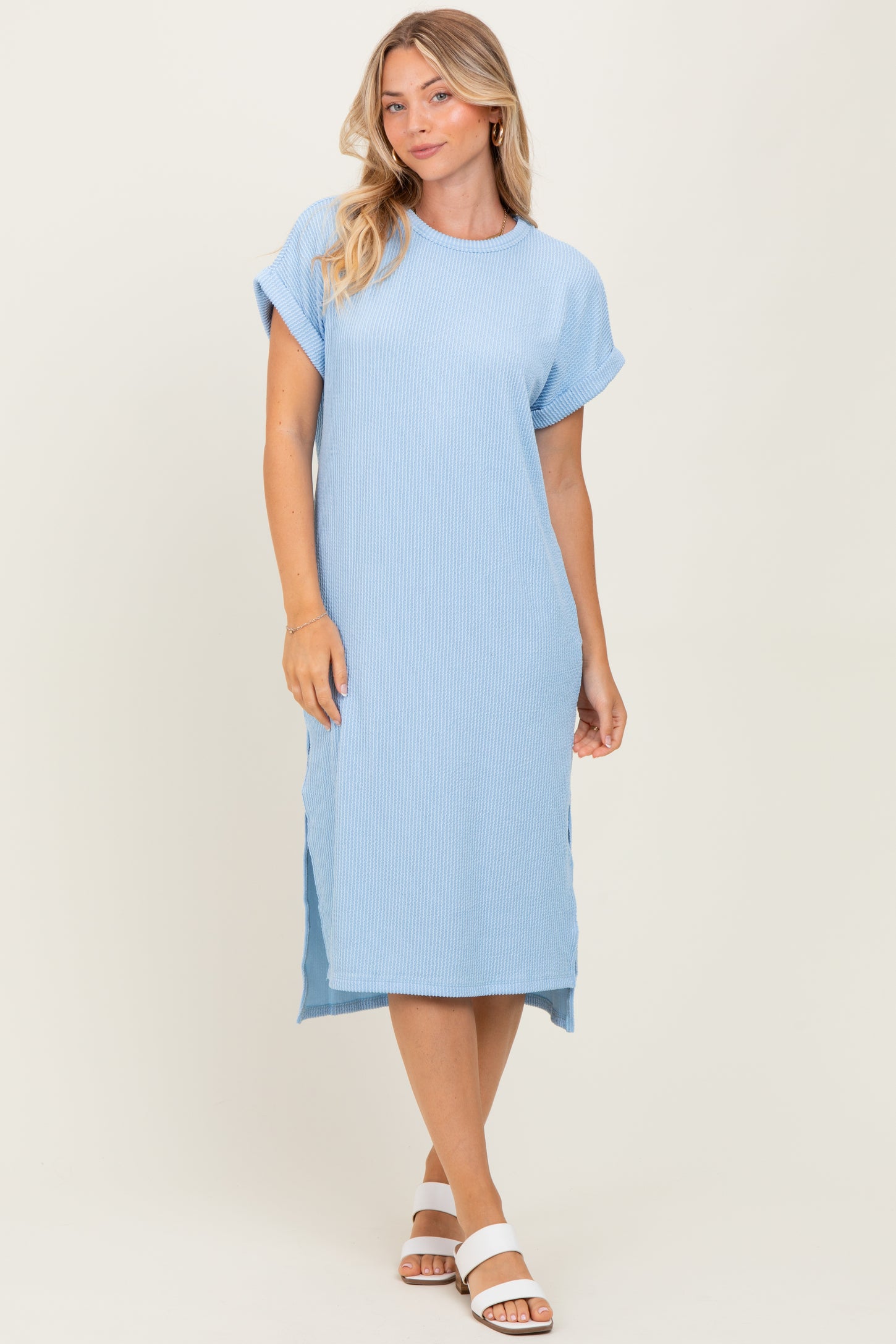 Light Blue Ribbed Short Sleeve Midi Dress