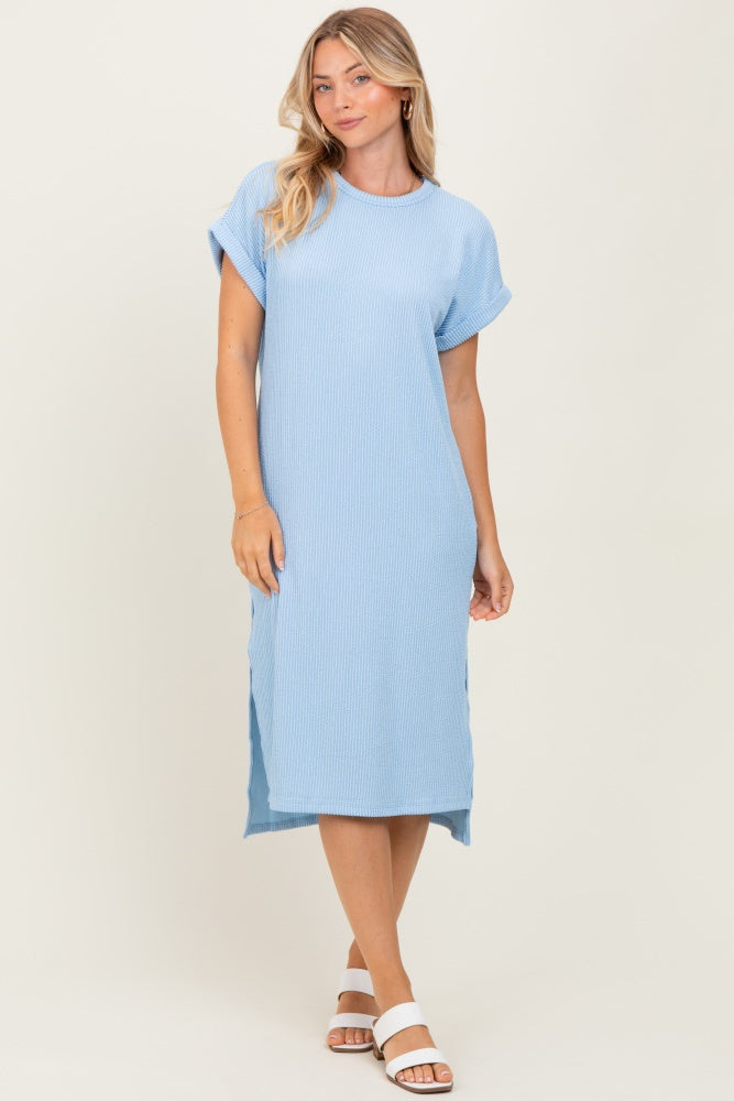 Light Blue Ribbed Short Sleeve Midi Dress