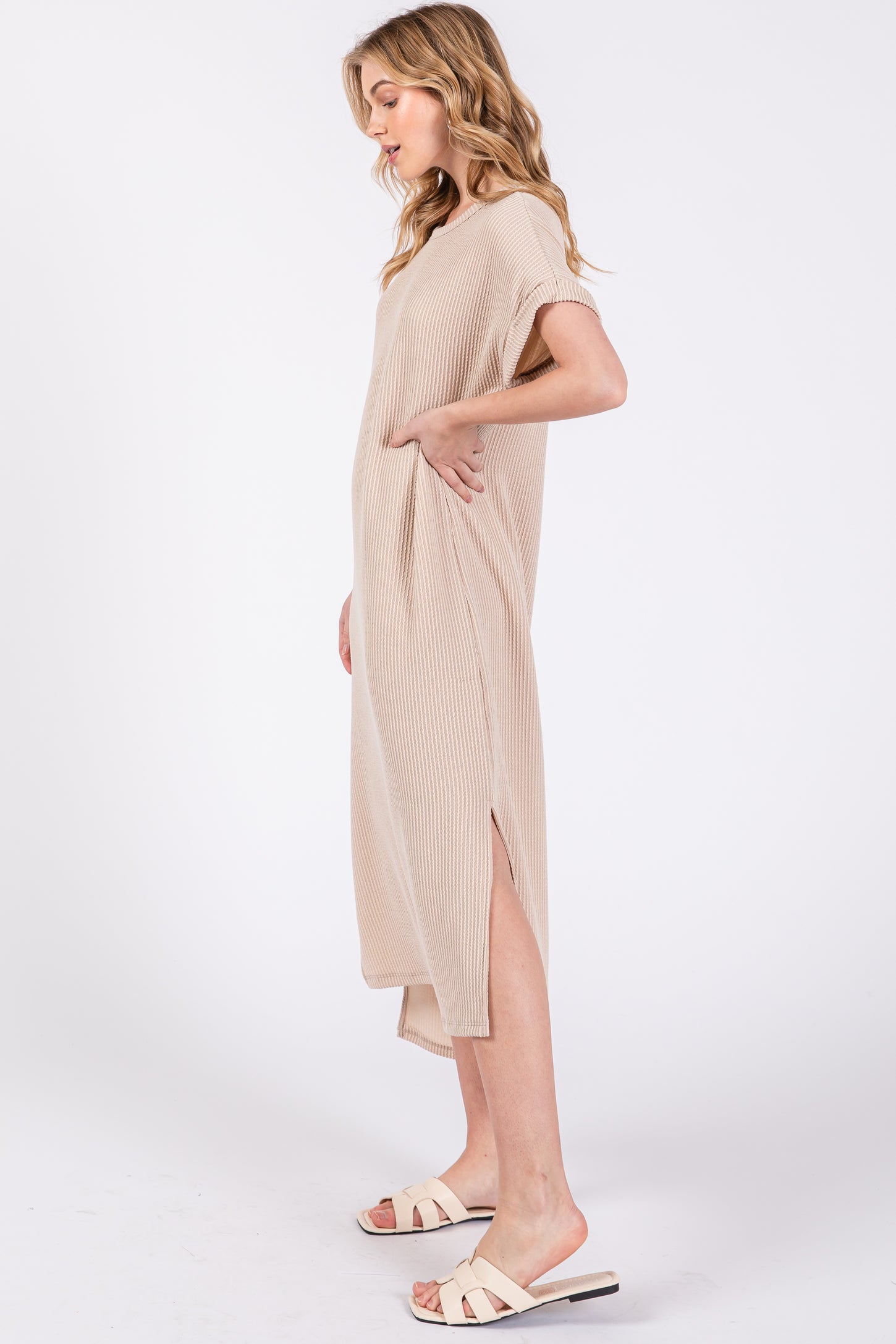 Beige Ribbed Short Sleeve Midi Dress Beige Ribbed Short Sleeve Midi Dress
