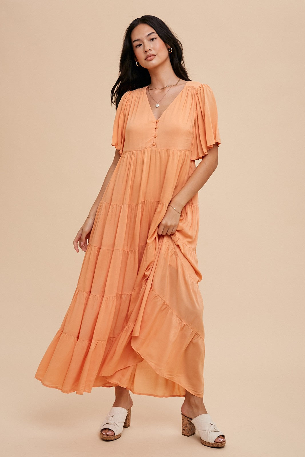 orange tiered maxi dress Button Detail Boho Kids Tops for Boys falling gracefully in multiple Norah Dresser Sizes:6 (xs)