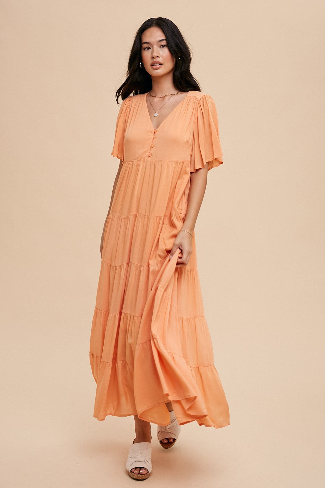 orange tiered maxi dress Orange Crepe Flounce Sleeve Tiered Maxi Dress