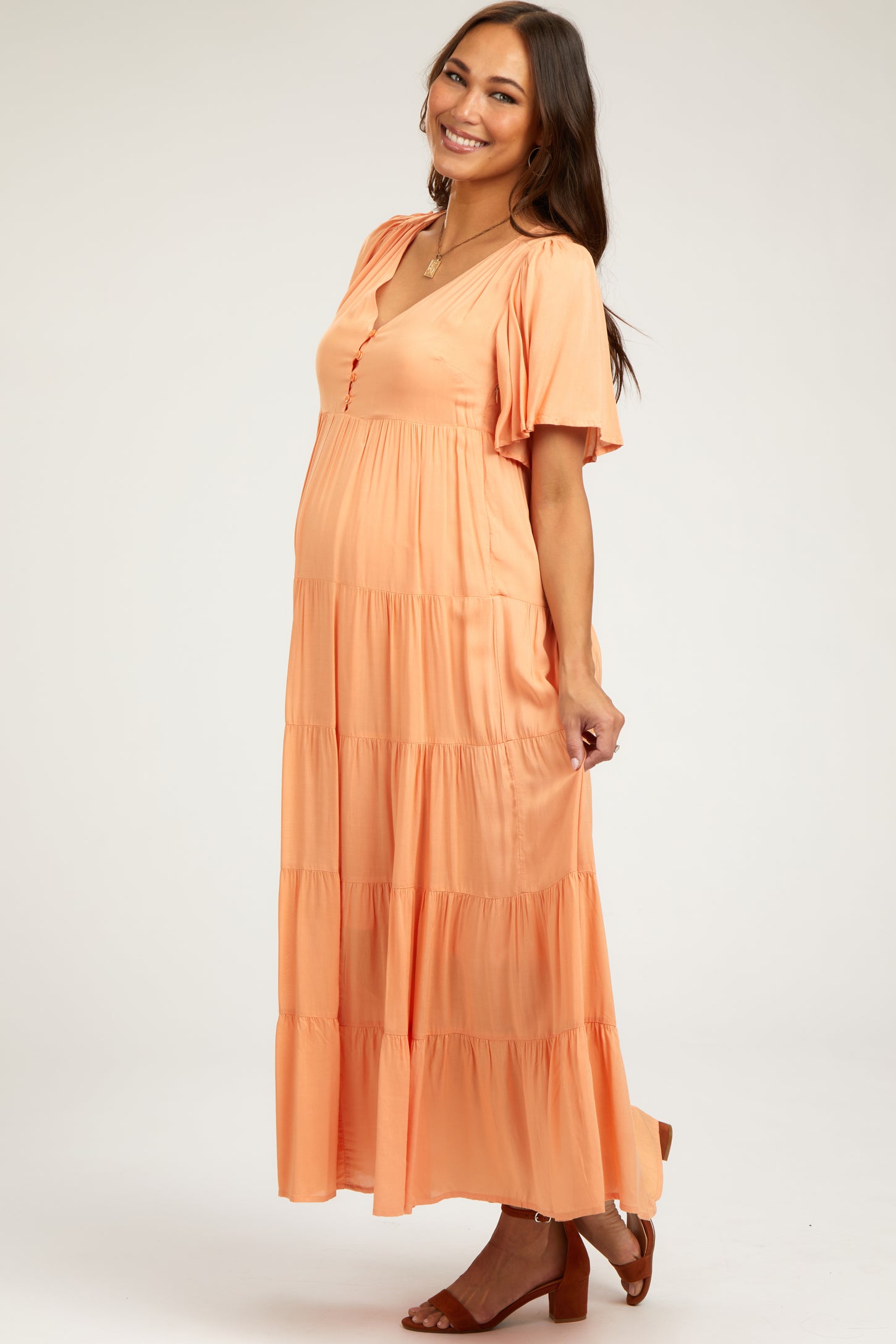Orange Button Detail Tiered Maternity Maxi Dress PinkBlush Orange Button Detail Tiered Maternity Maxi Dress PinkBlush