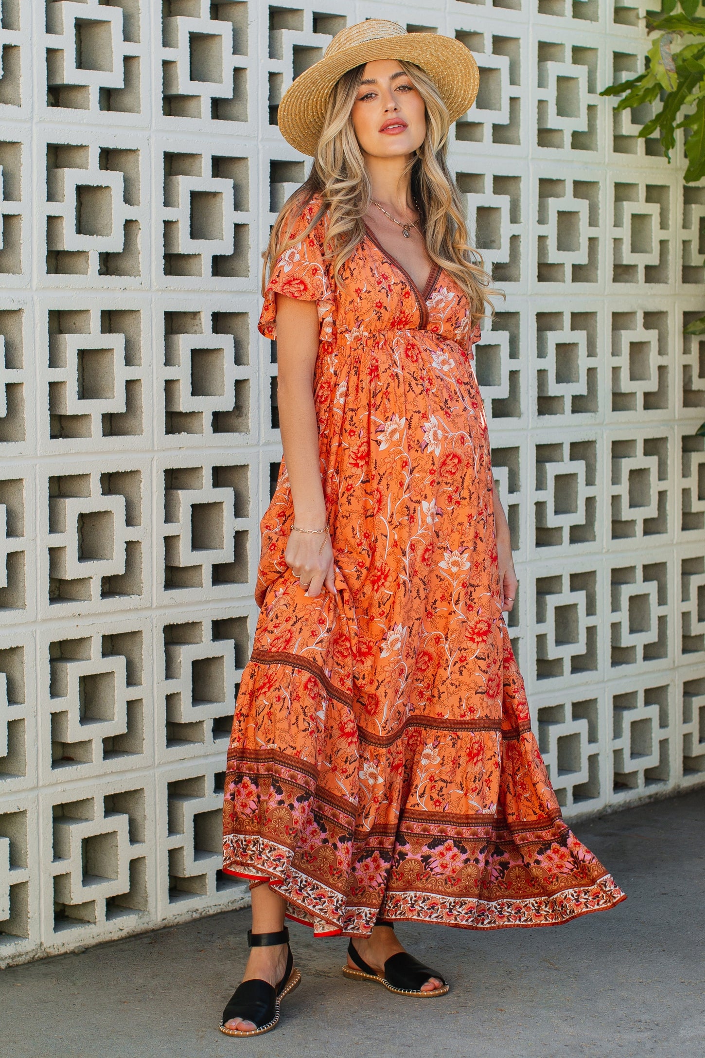 orange maternity floral dress Orange Floral Puff Sleeve Side Slit Maternity Midi Dress