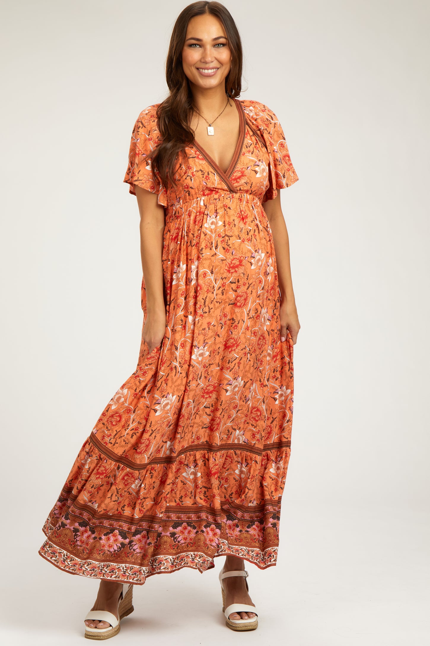 maxi orange maternity dress Orange Off Shoulder Side Slit Ruffle Photoshoot Maternity Maxi Dress