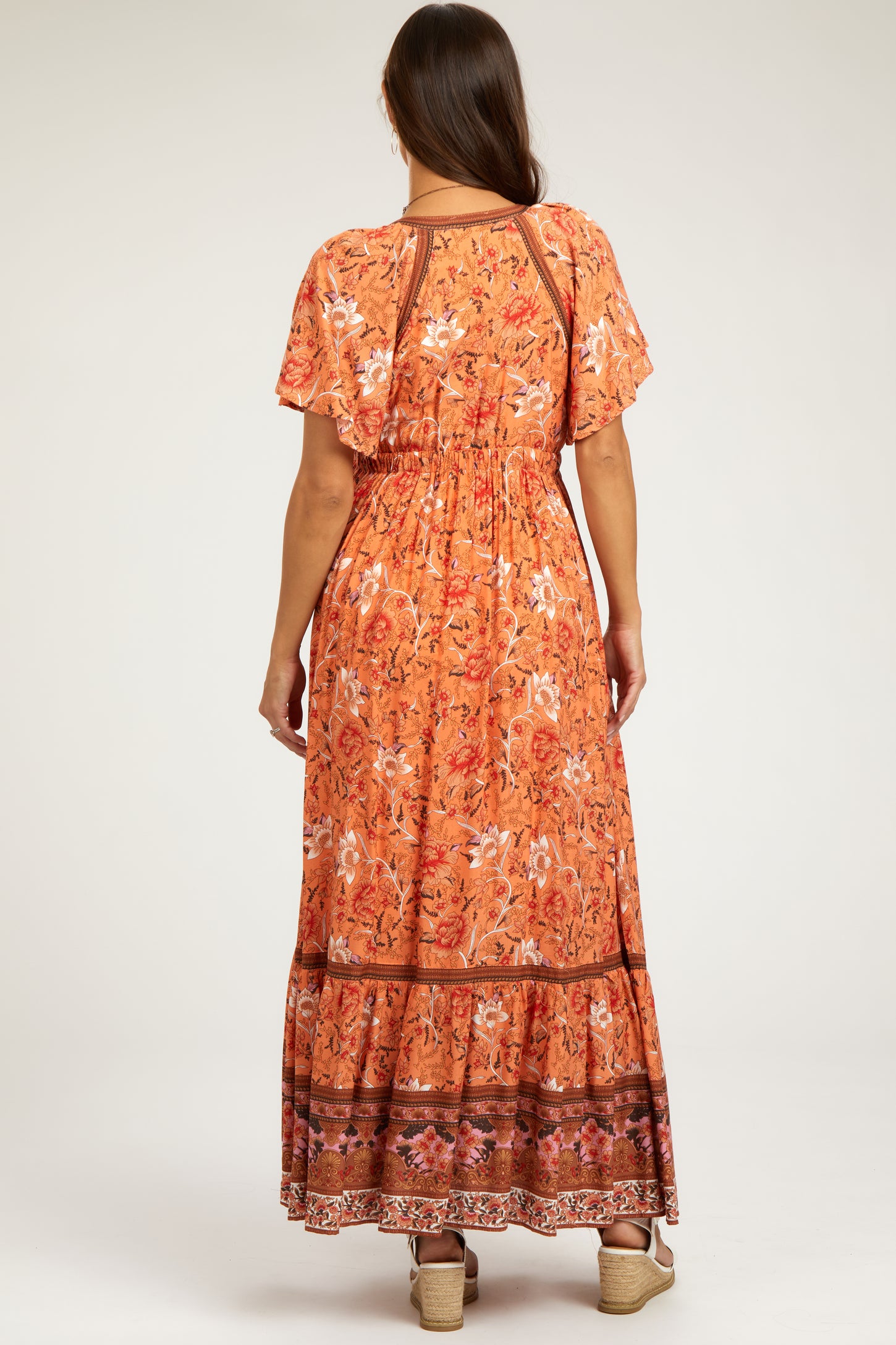 Orange Floral Flounce Sleeve Maternity Maxi Dress