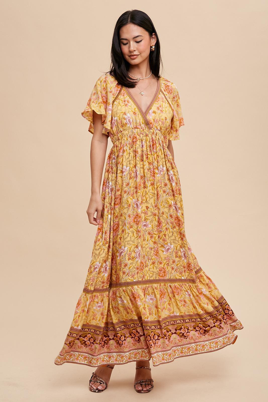 Yellow Floral Flounce Sleeve Maxi Dress PinkBlush Yellow Floral Flounce Sleeve Maxi Dress PinkBlush