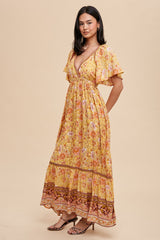 Yellow Floral Flounce Sleeve Maxi Dress