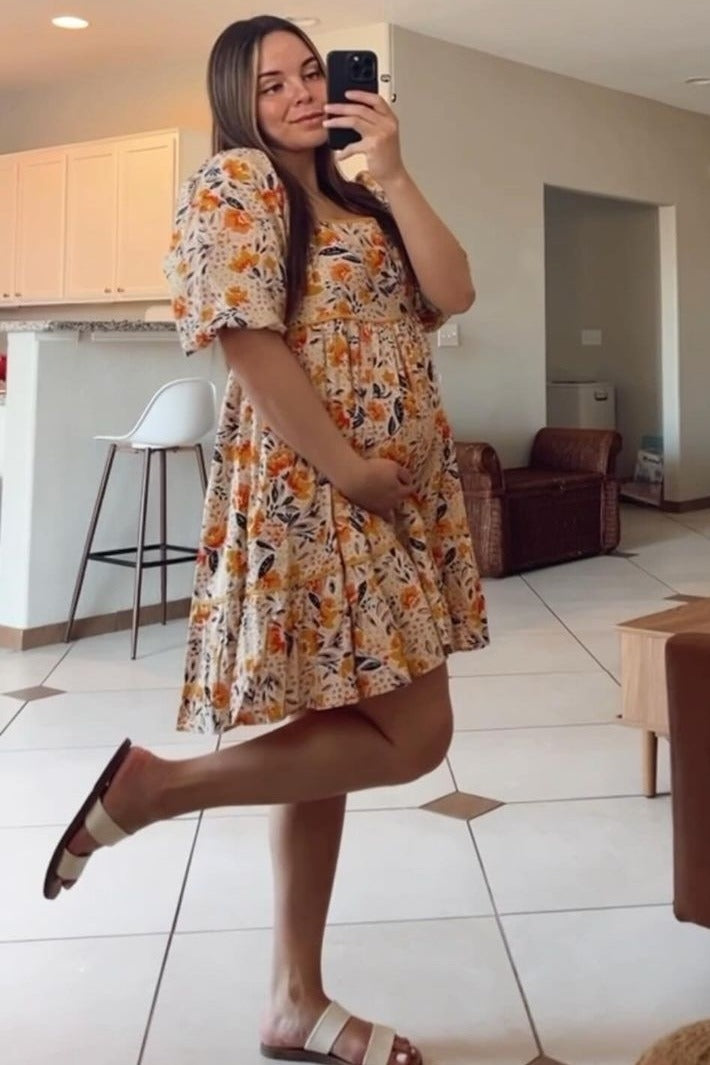 Cream Floral Print Puff Sleeve Maternity Dress