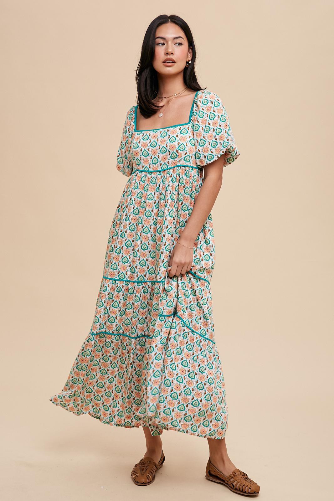 Green Floral Print Puff Sleeve Maternity Maxi Dress