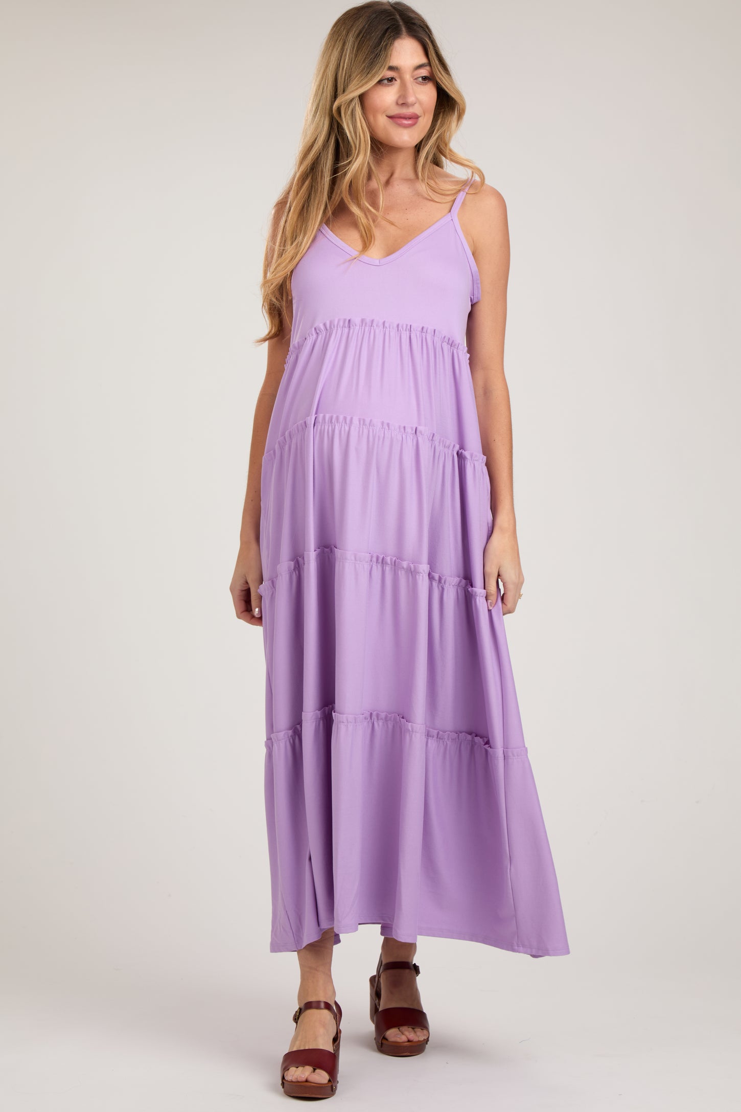 Light Purple Tiered Sleeveless Maternity Maxi Dress – PinkBlush Light Purple Tiered Sleeveless Maternity Maxi Dress – PinkBlush