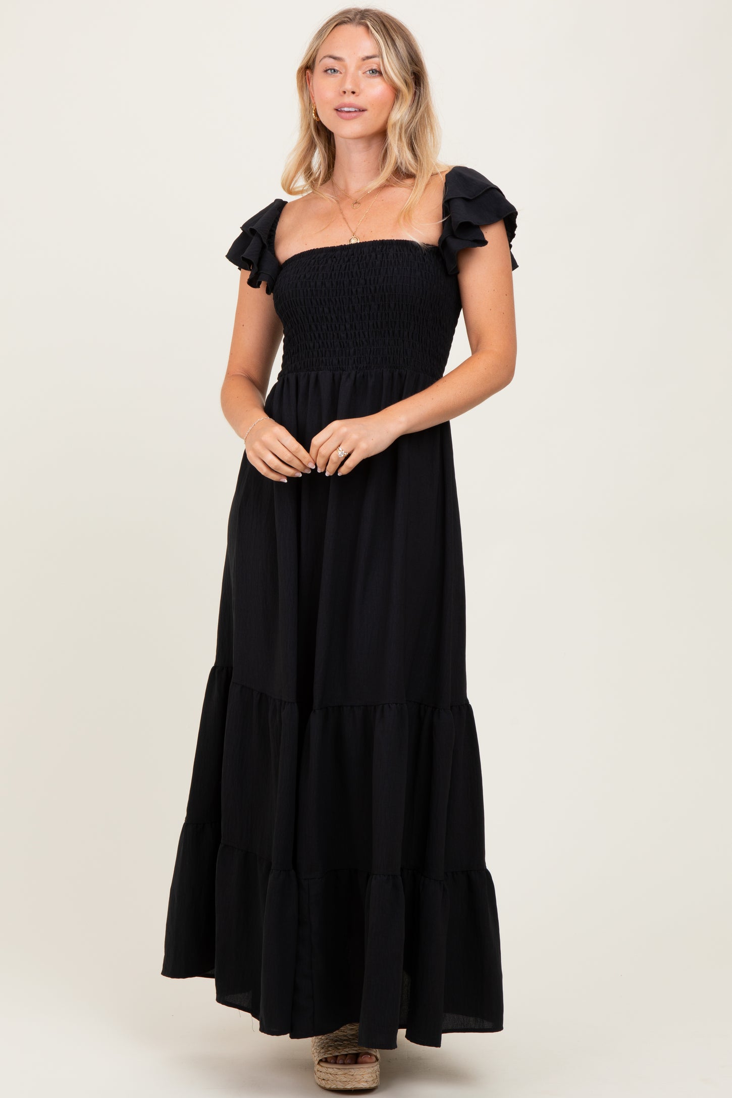 Black Smocked Ruffle Off Shoulder Tiered Maxi Dress