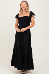 Black Smocked Ruffle Off Shoulder Tiered Maxi Dress
